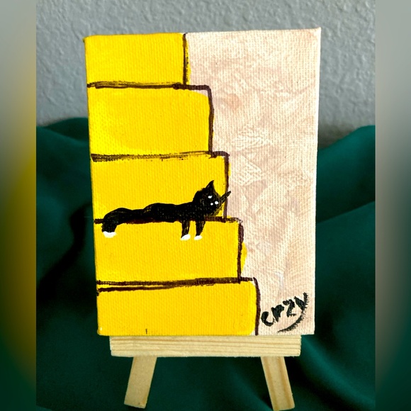 tiny original acrylic painting 3” x 4” with easel fun playful cat - Picture 1 of 4
